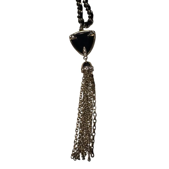 Guess Black & Gold Triangle Pendant Tassel Necklace, One Size